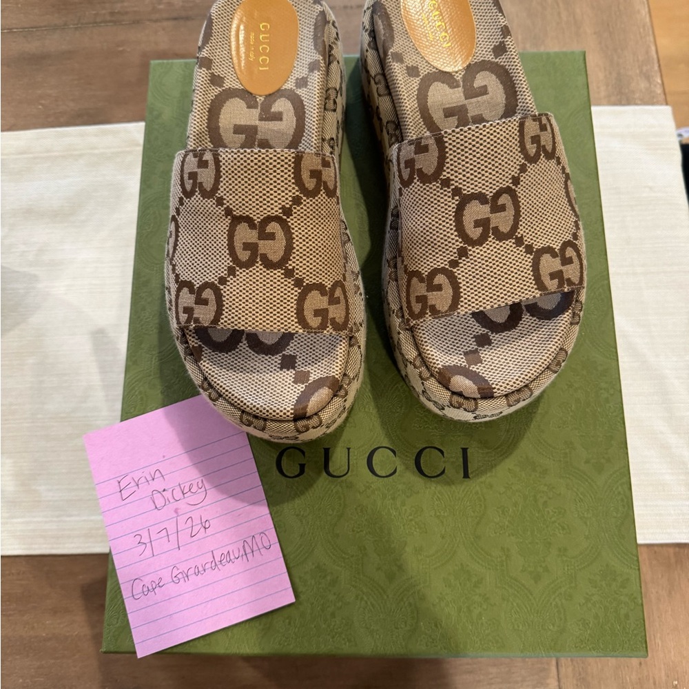 Gucci Beige and Brown GG Slide Sandals